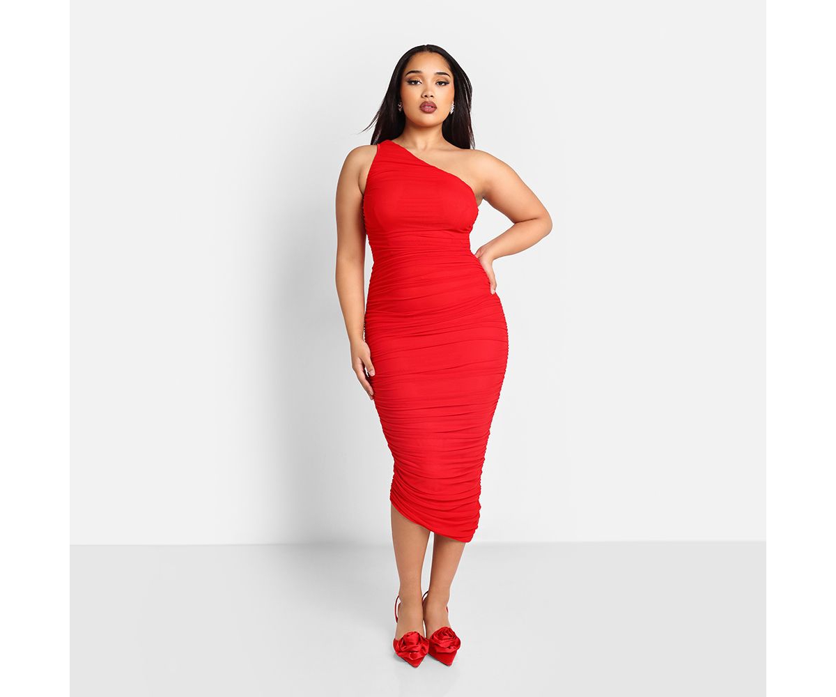 Women's Plus Size Paris Mesh One Shoulder Asymmetrical Midi Boydcon Dress - Cherry