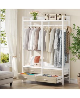 Freestanding Closet Organizer for Hanging Clothes, Heavy Duty Garment Rack with 4 Drawers, 8 Hooks and Storage Shelves