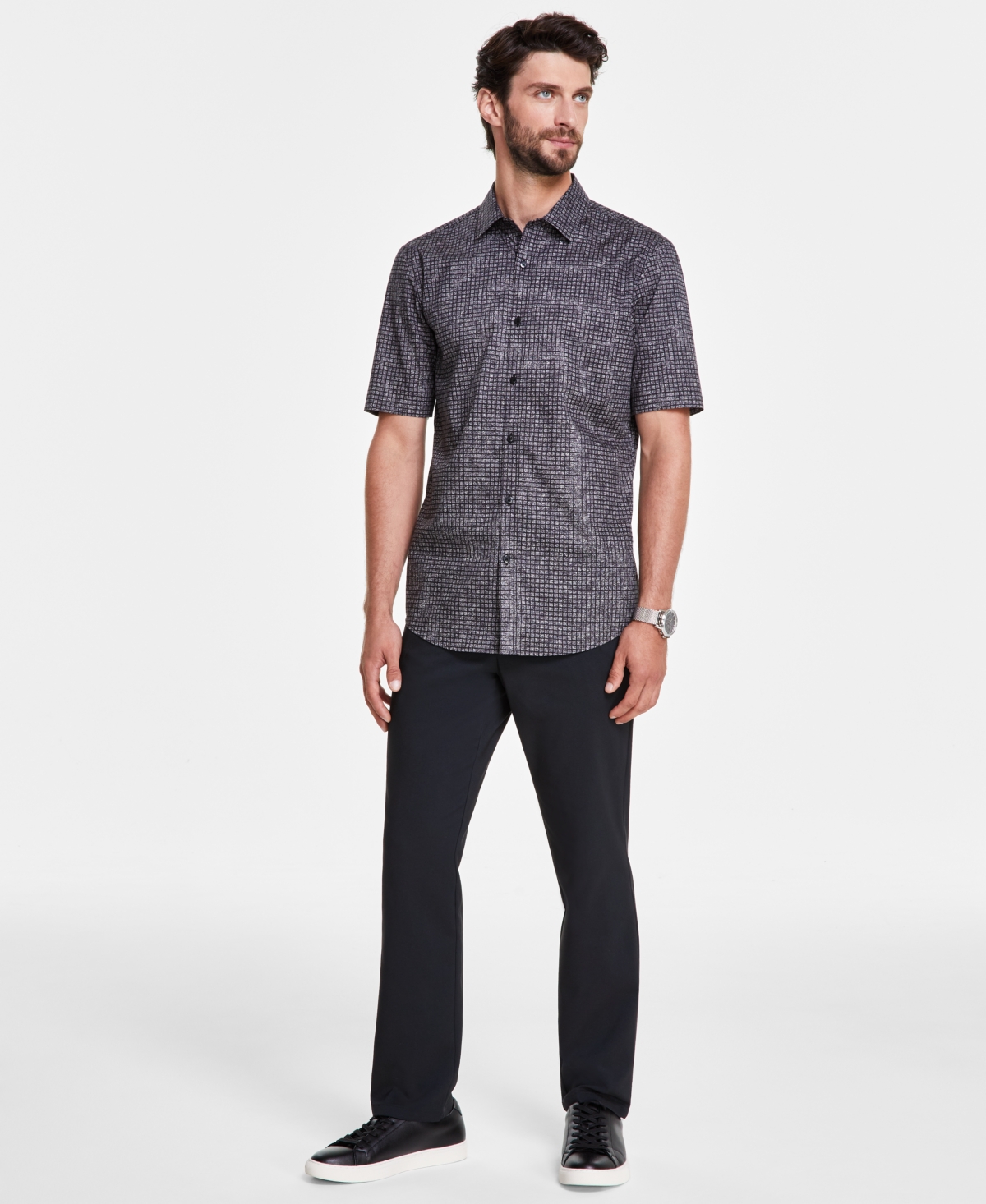 Alfani Men's Mini Texture Grid Short-Sleeve Button-Down Shirt, Created for Macy's