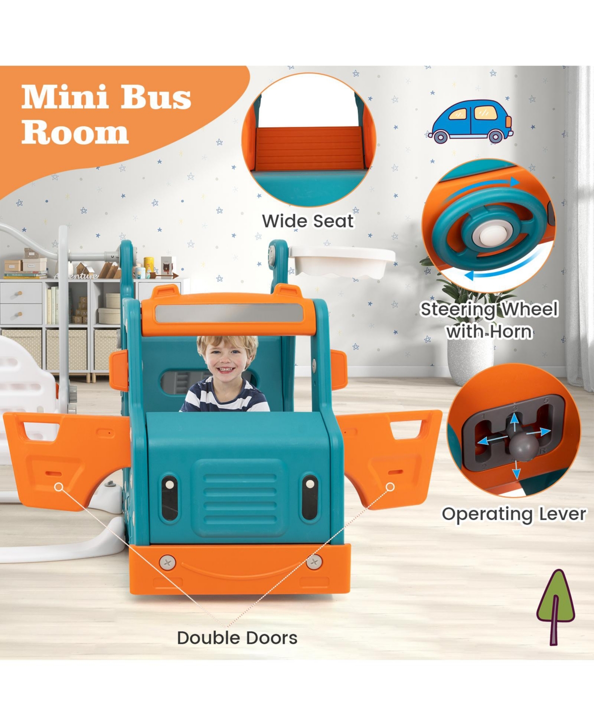 Slickblue 5-in-1 Kids Slide and Swing Set with Mini Bus and Basketball Hoop - Blue