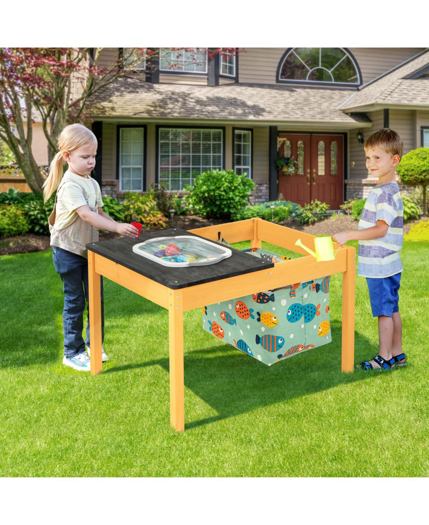 Детская игрушка Slickblue 3-in-1 Sand Water Fir Wood Activity Table with Foldable Storage Bin, Ages 3-8, цвет: Натуральный / Чёрный — фото 8