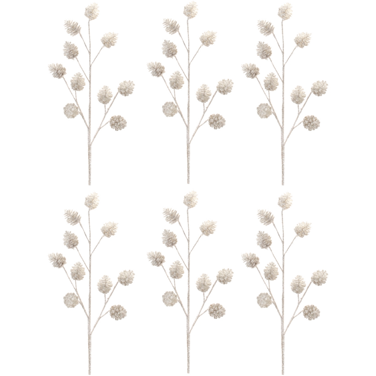 Set of 6 Glitter Pine Cone Sprays &#x2013; Ideal for Festive Holiday and Winter Decor - Silver, White