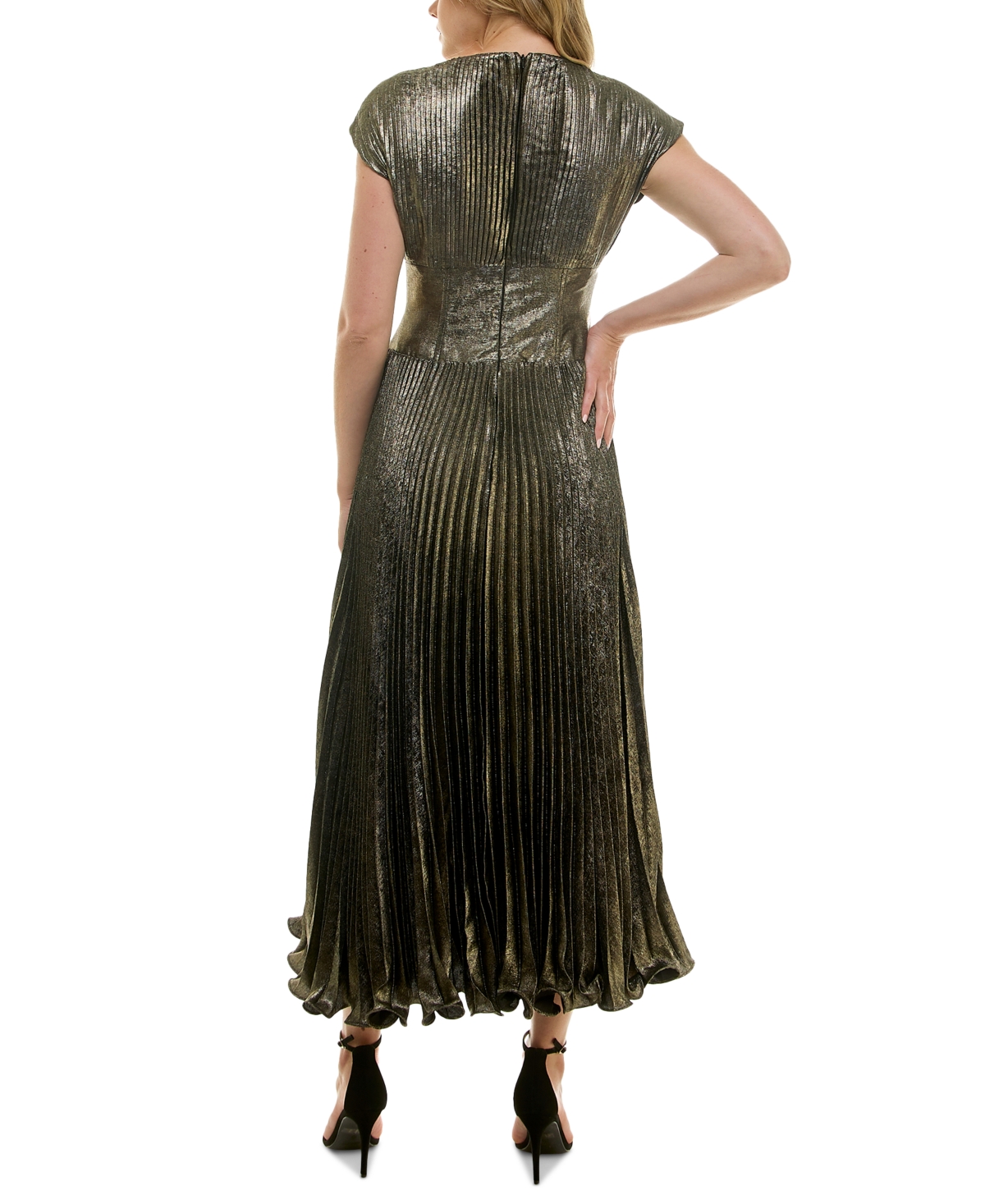 Taylor Women's Metallic V-Neck Cap-Sleeve Pleated Gown -Gold