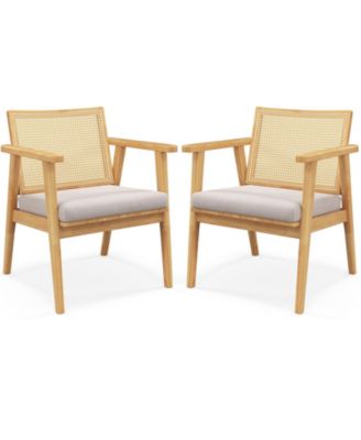 Mid Century Modern Accent Chairs Set of 2 with Breathable Rattan Back-Natural