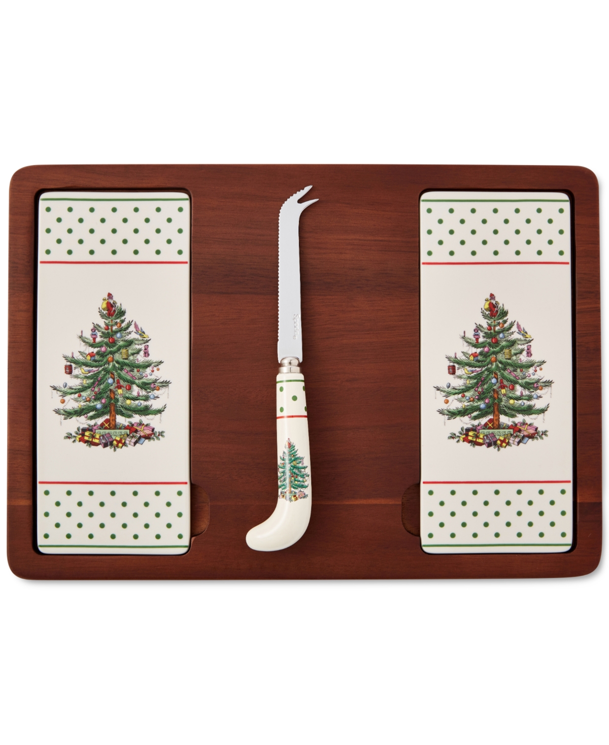 Spode Christmas Tree Polka Dot Cheese Board & Knife Set In Green