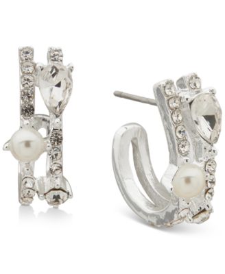 Anne Klein - Silver-Tone Crystal & Imitation Pearl Two Row C Hoop Earrings