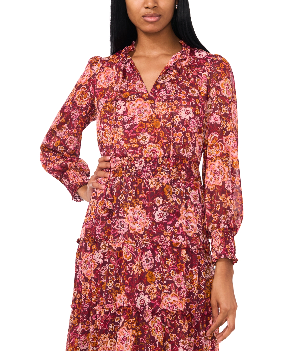 Msk Women's Floral-Print Tie-Neck Maxi Dress