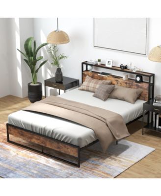 Queen Bed Frame with 2-Tier Storage Headboard and Charging Station - Full/Queen