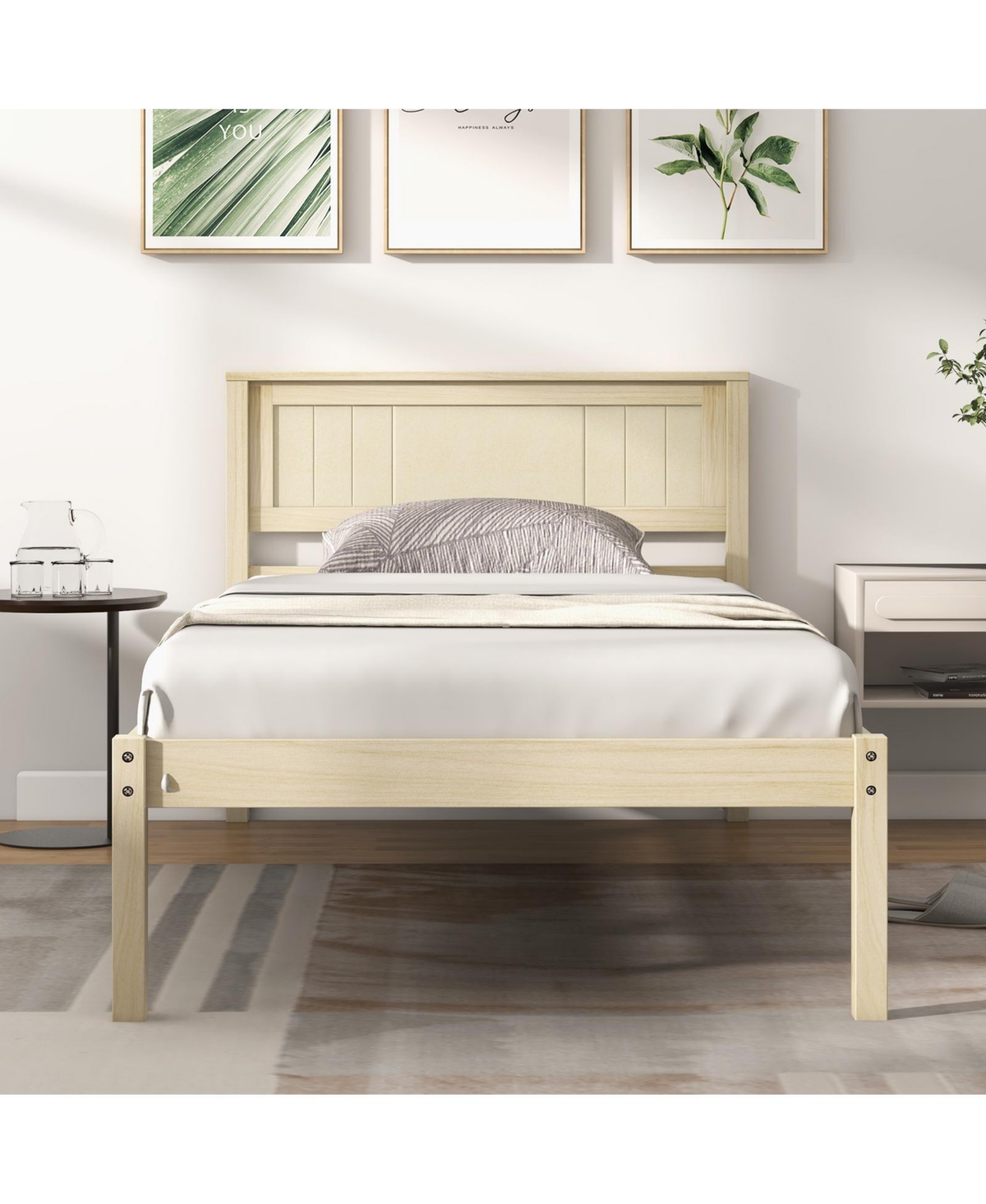 Sugift Size Wooden Bed Frame with Headboard and Slat Support