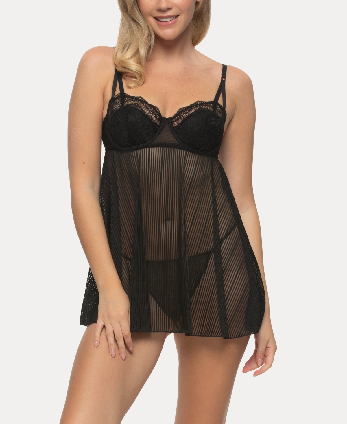 Women's Doyenne Mesh Stripe Babydoll Set - Black