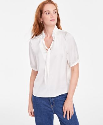 On 34th - Women's Ruffle-Trim Split-Neck Elbow-Sleeve Top