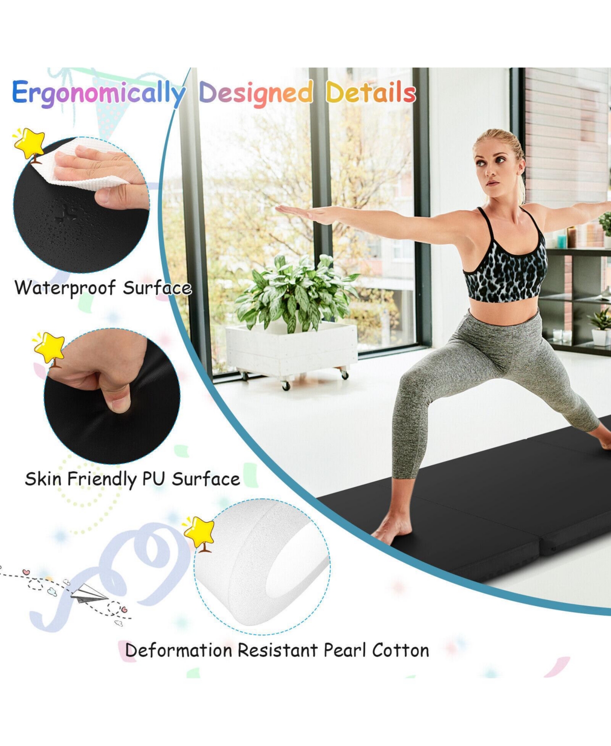 Givimo 6 x 2 Ft Tri-Fold Gym Mat with Handles and Removable Zippered Cover