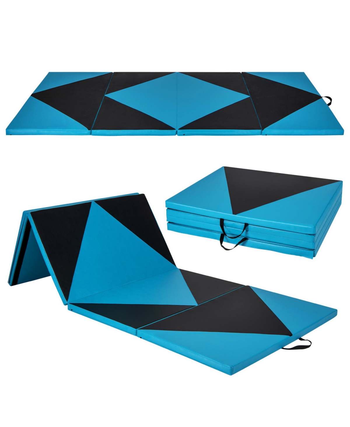 4-Panel Pu Leather Folding Exercise Gym Mat with Hook and Loop Fasteners - Blue