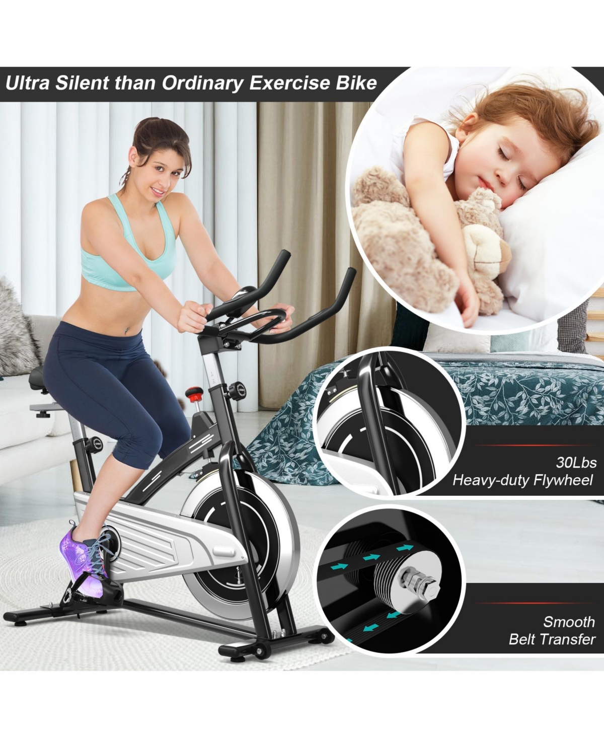 Skonyon Indoor Exercise Cycling Bike with Heart Rate and Monitor Grey Smart Closet