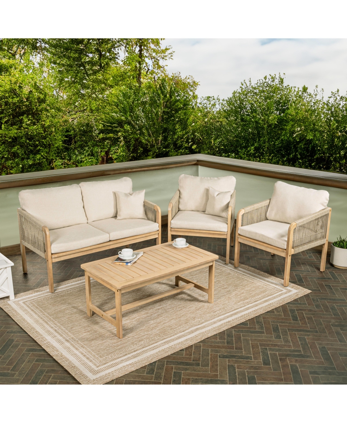 Jonathan Y Tavira 4-Piece Modern Bohemian Acacia Wood Outdoor Patio Set with Cushions and Plain Decorative Pillows, Beige/Light Teak