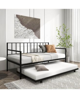 Twin Daybed Set with Metal Slat Support and Roll-Out Trundle