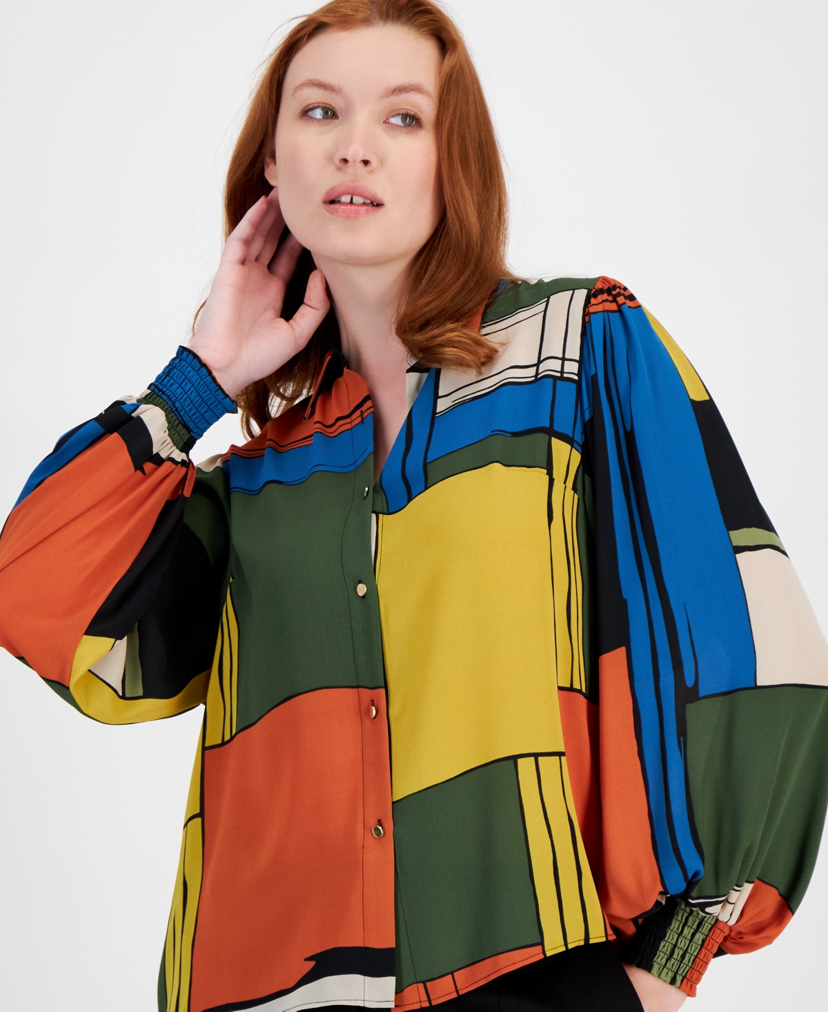 T Tahari Women's Colorblocked Band-Collar Button Blouse