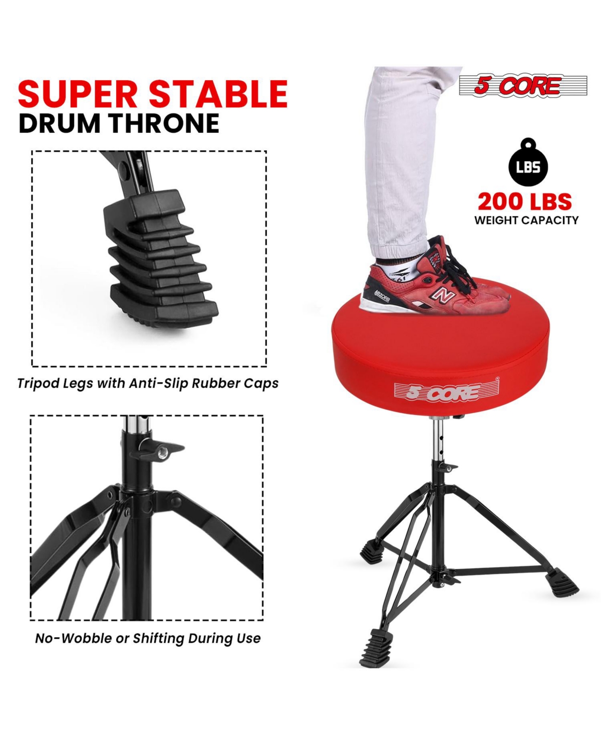 5 Core Drum Throne Padded Guitar Stool Height Adjustable Music Chair Ds Blkch- Red