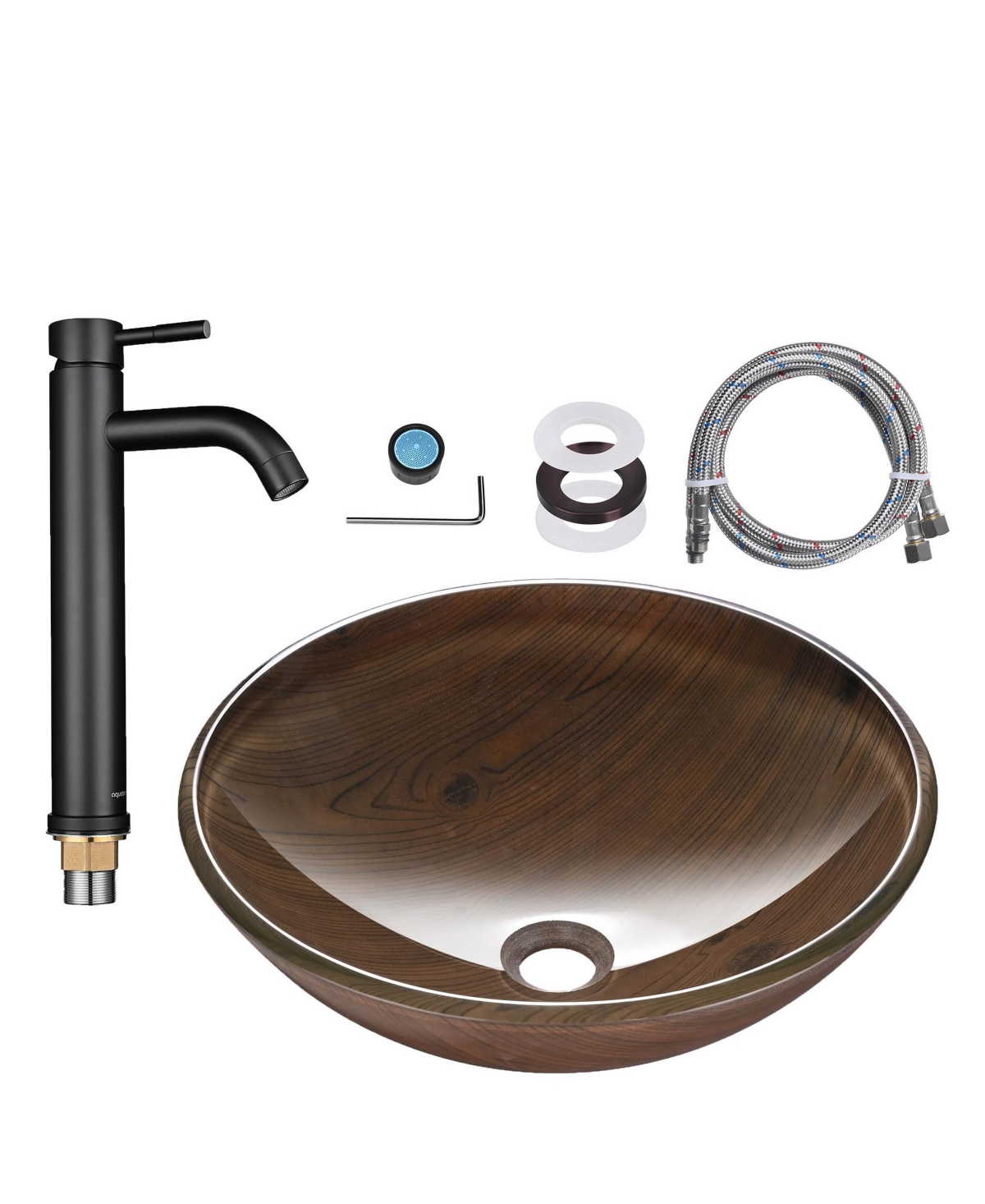 Tempered Glass Vessel Sink Wood Grain with Orb Faucet Mounting Ring - Natrual