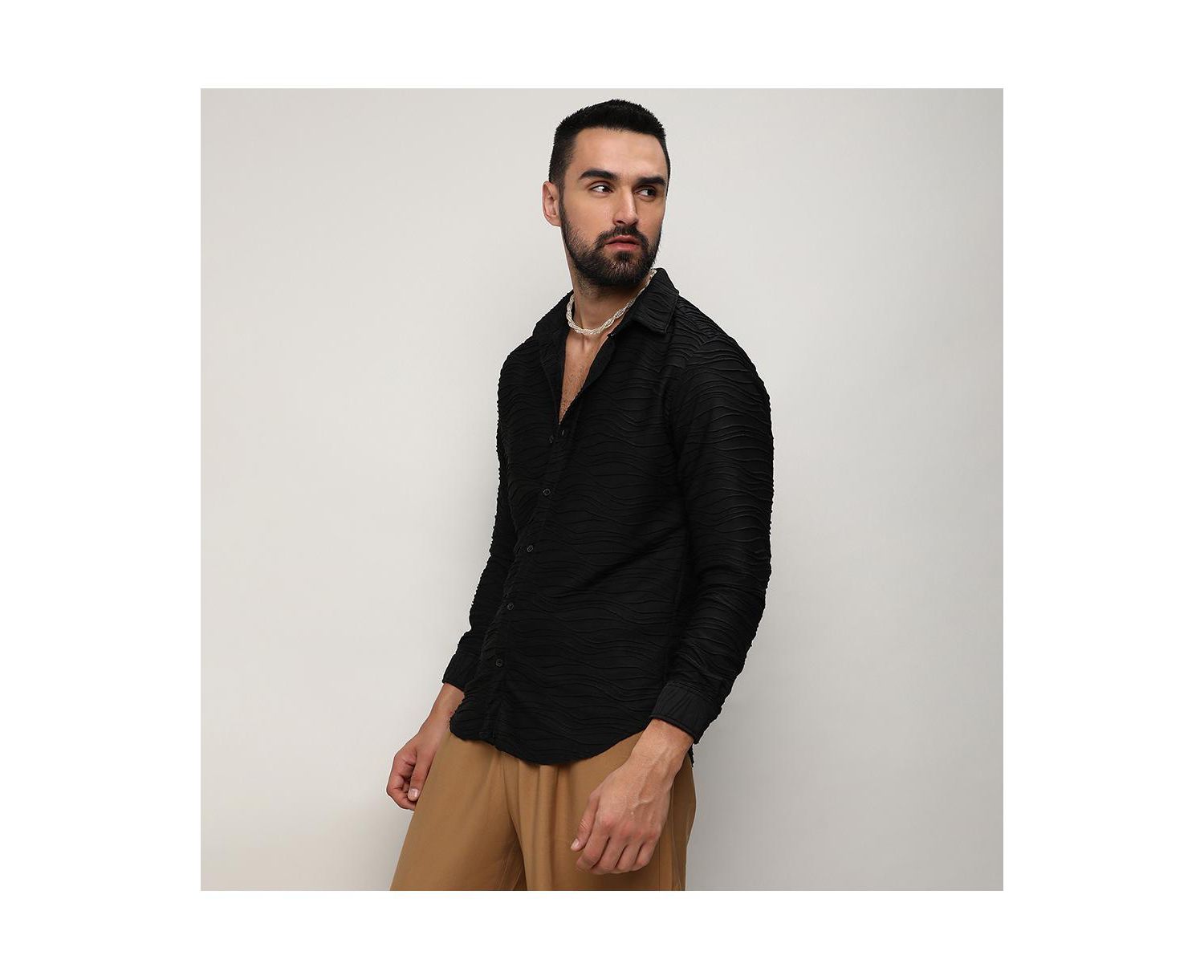 Men's Midnight Black Self-Design Wave Shirt