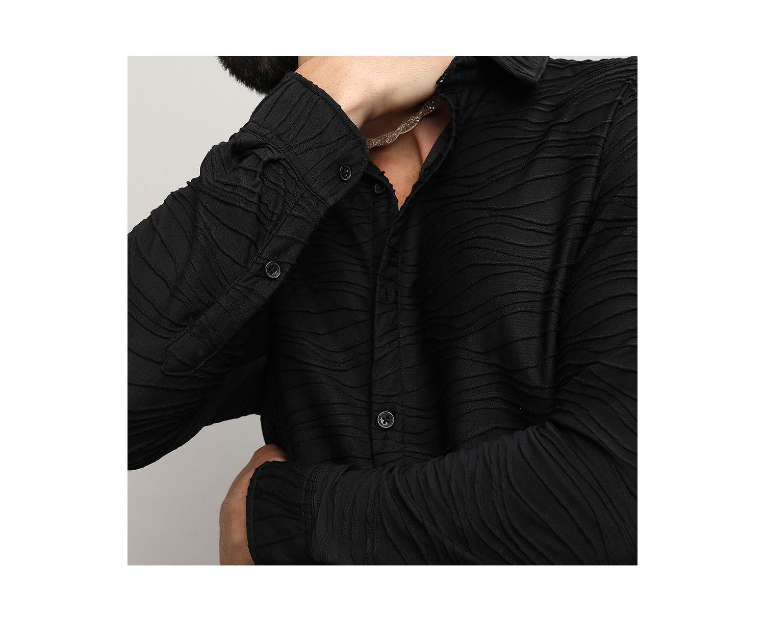Men's Midnight Black Self-Design Wave Shirt