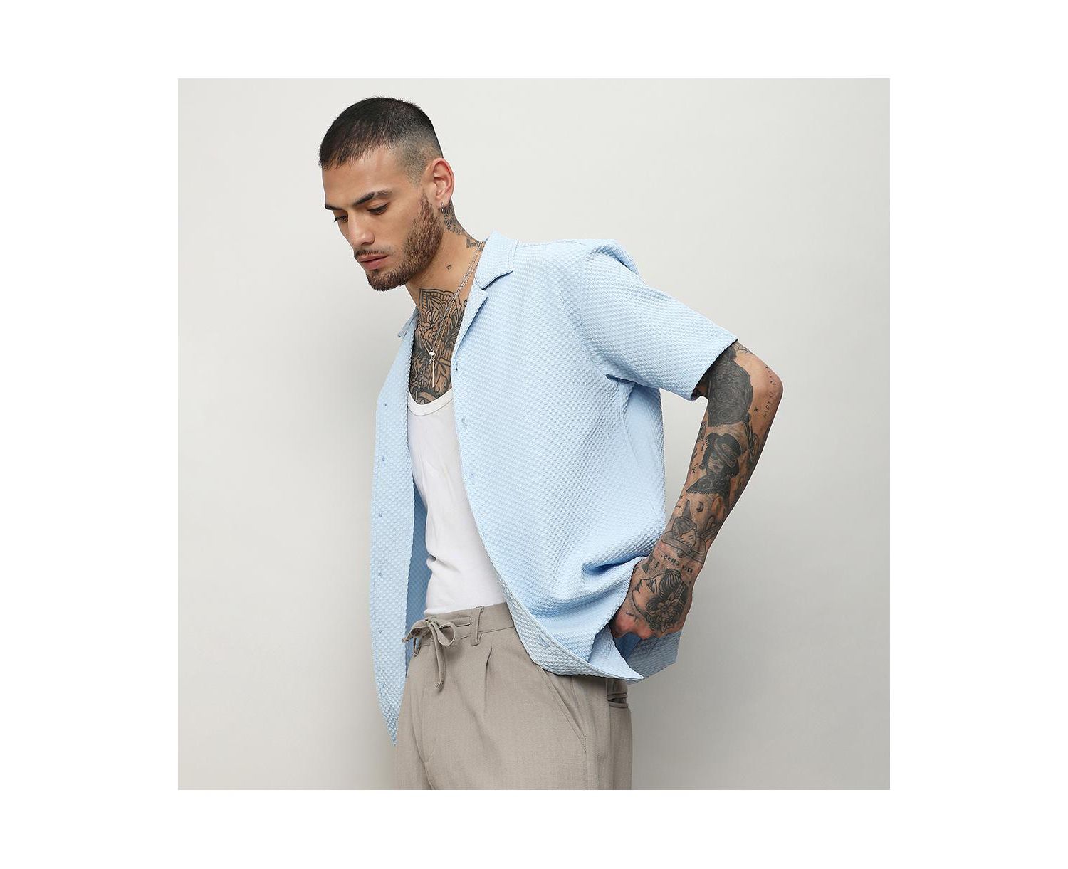 Men's Light Blue Self-Design Block Shirt