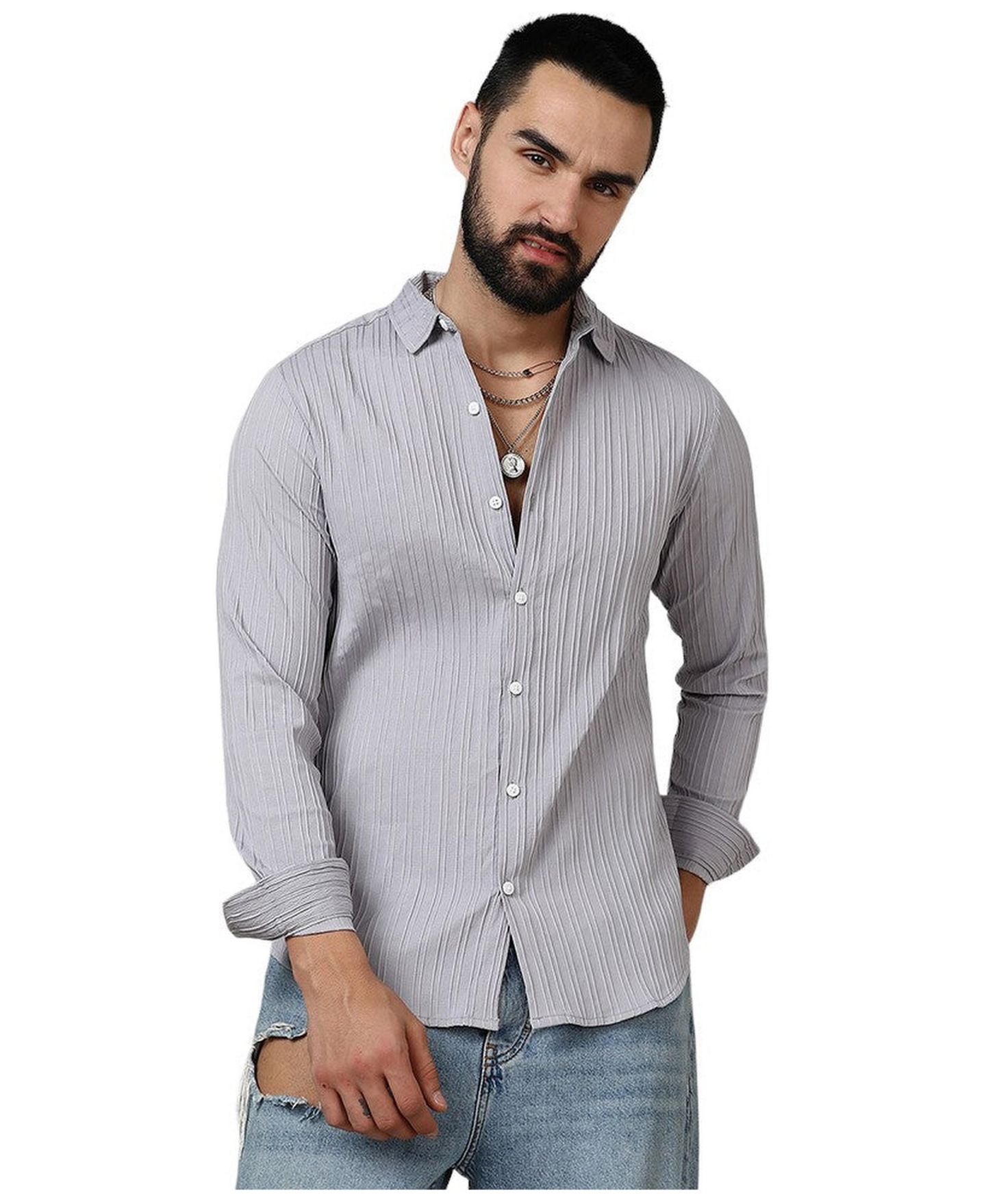 Мужская рубашка Cahoot Campus Sutra Moon Grey Self-Design Striped, цвет: Серый — фото 1