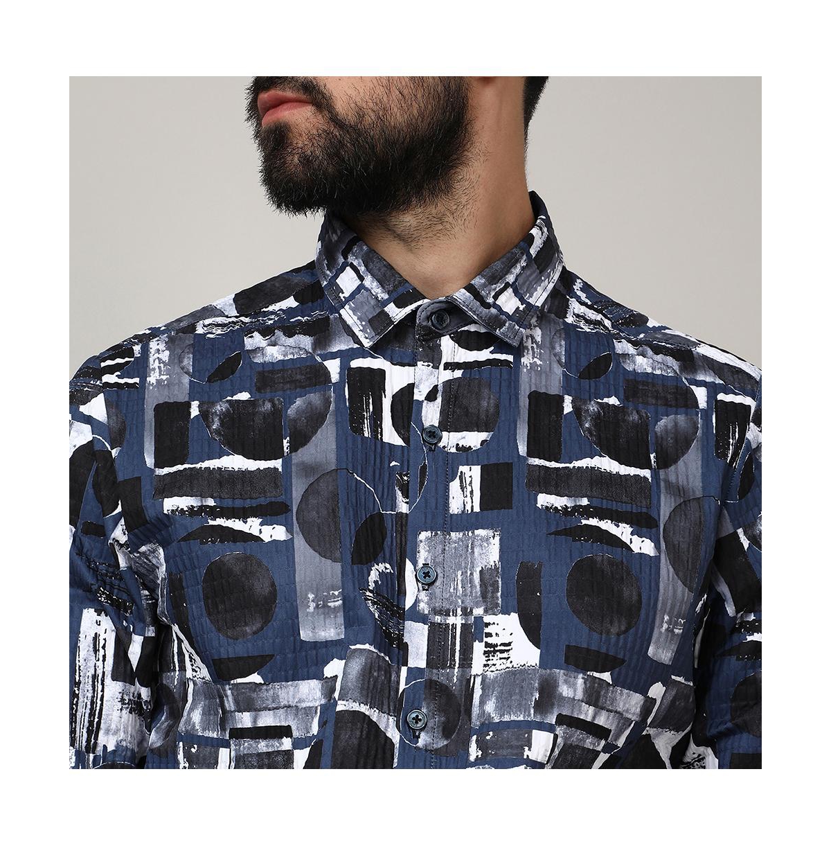 Campus Sutra Men's Navy& Midnight Black Abstract Geometric Shirt - Blue