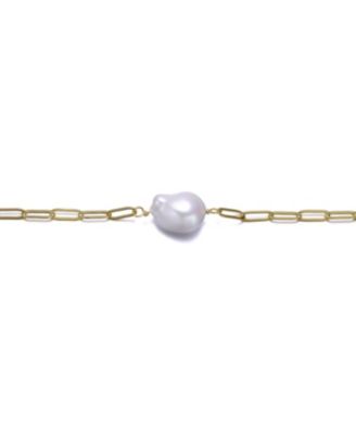 Sterling Silver 14k Gold Plated White Freshwater Pearl Paperclip Link Bracelet
