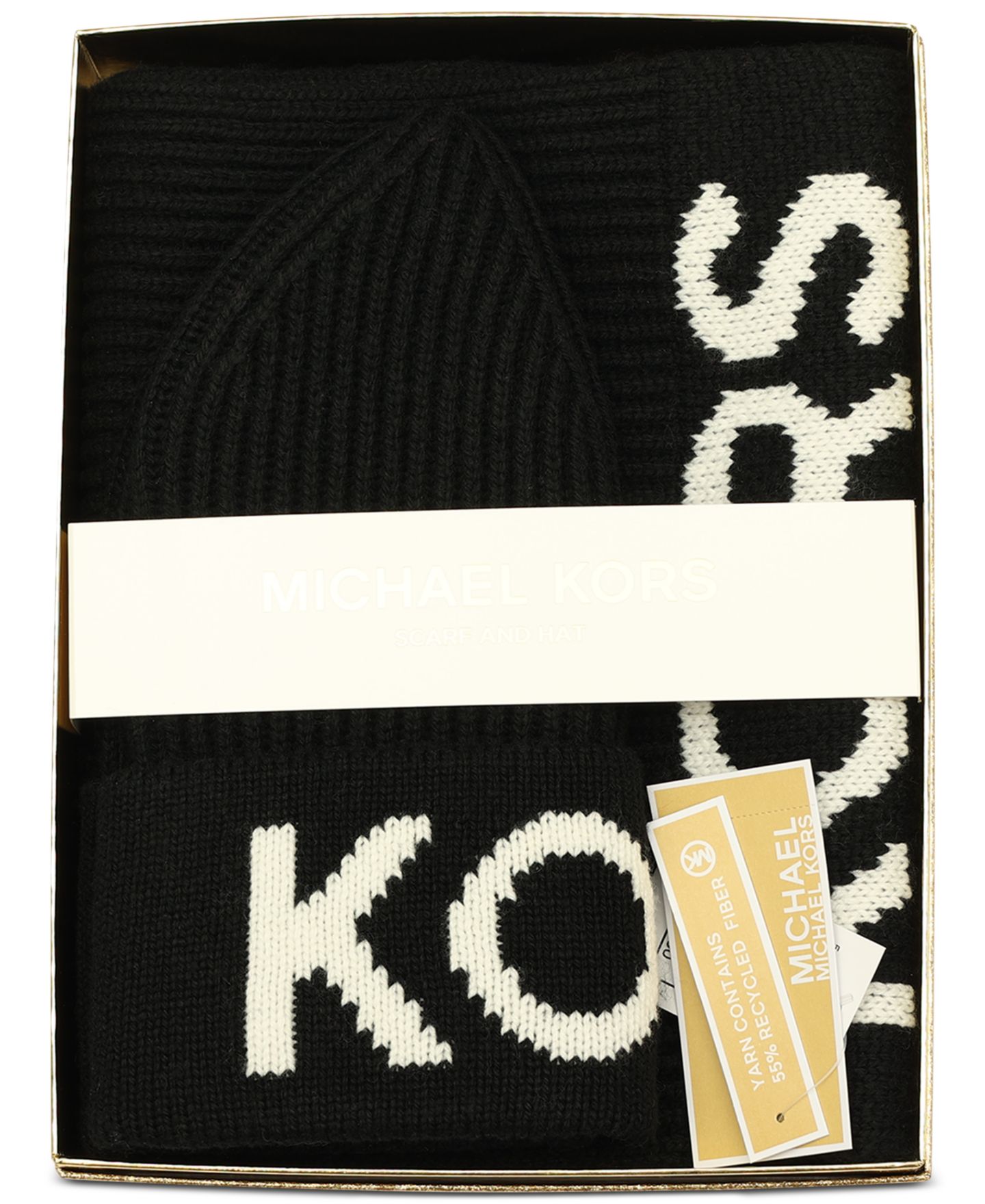 Женские комплекты Michael Kors Fisherman's Rib Beanie and Scarf Boxed Gift Set, цвет: Чёрный — фото 1