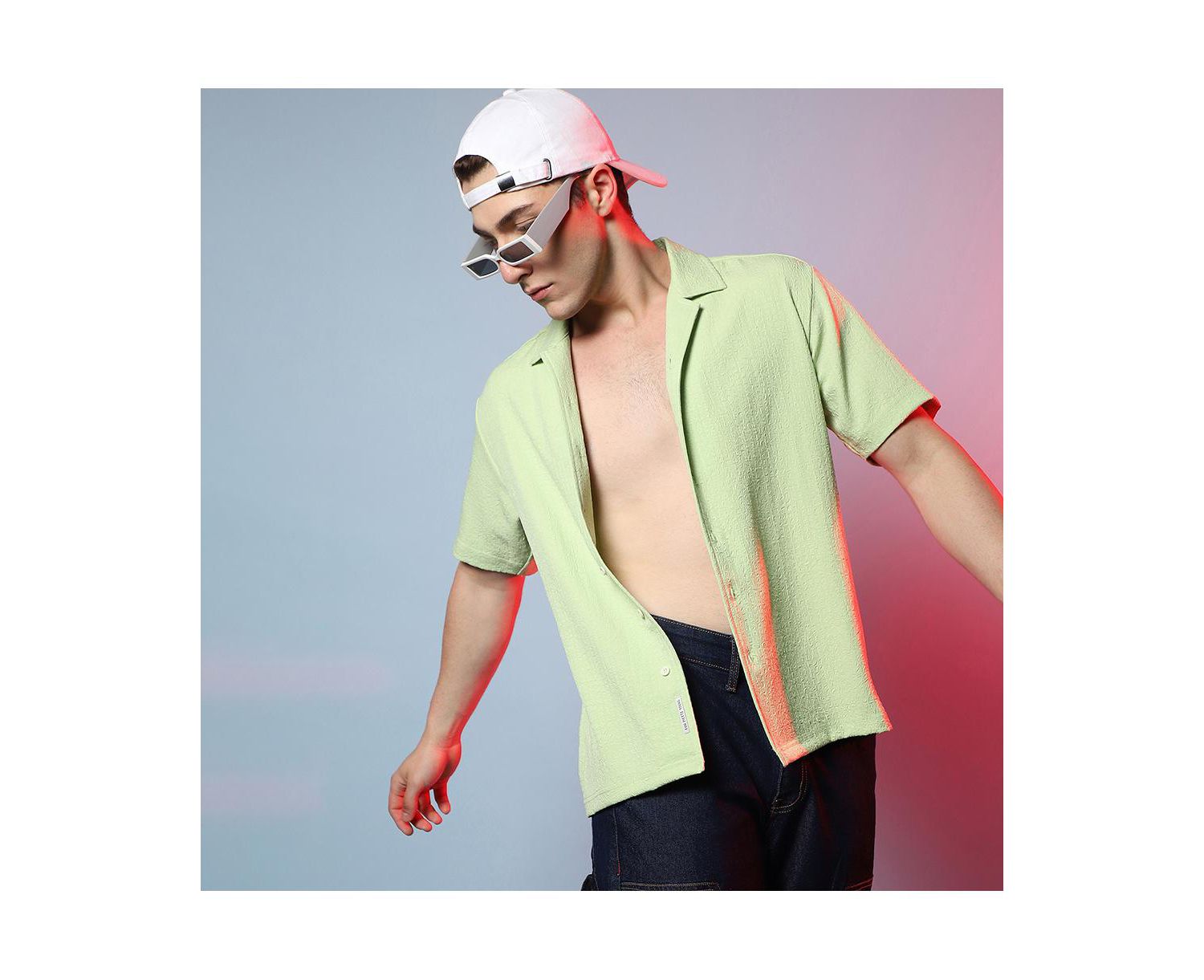Men's Lime Green Self-Design Creased Box Shirt