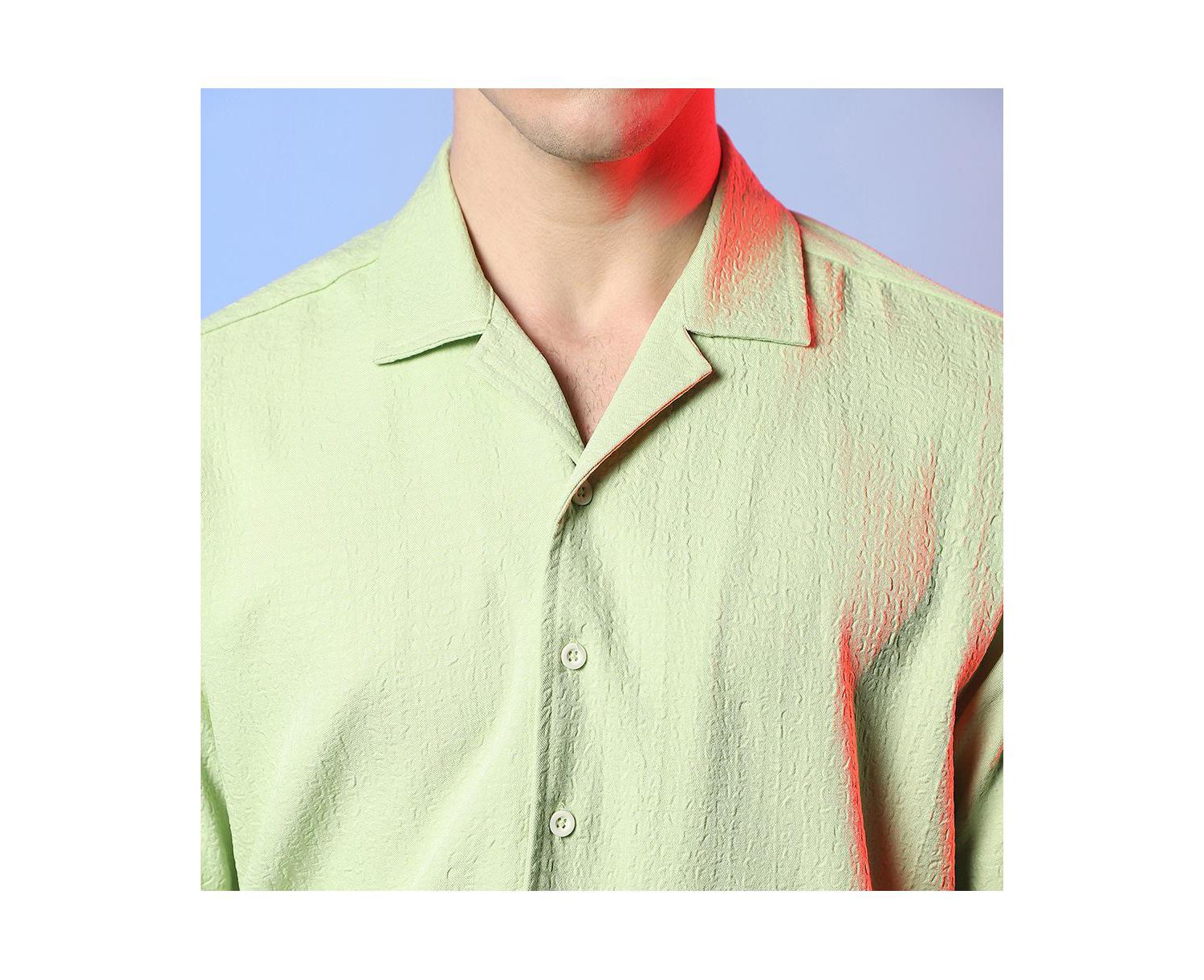 Men's Lime Green Self-Design Creased Box Shirt