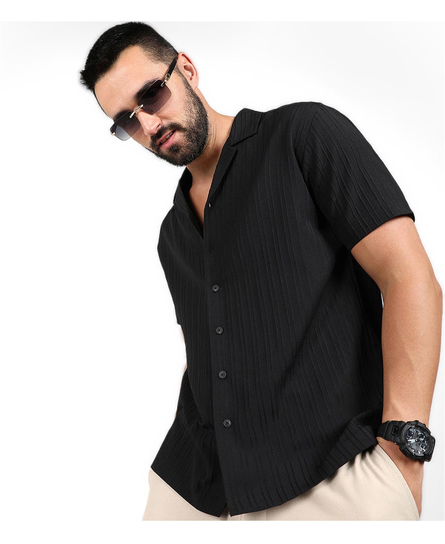 Мужская рубашка Cahoot Charcoal Black Self-Design Striped, цвет: Чёрный — фото 2