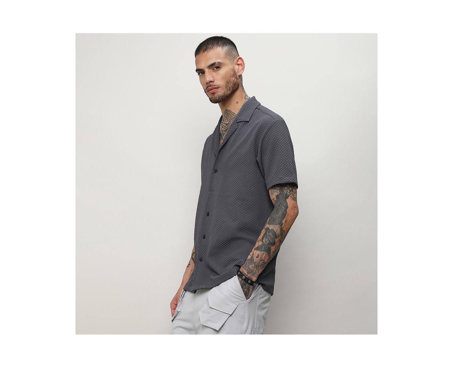 Men's Charcoal Grey Self-Design Block Shirt