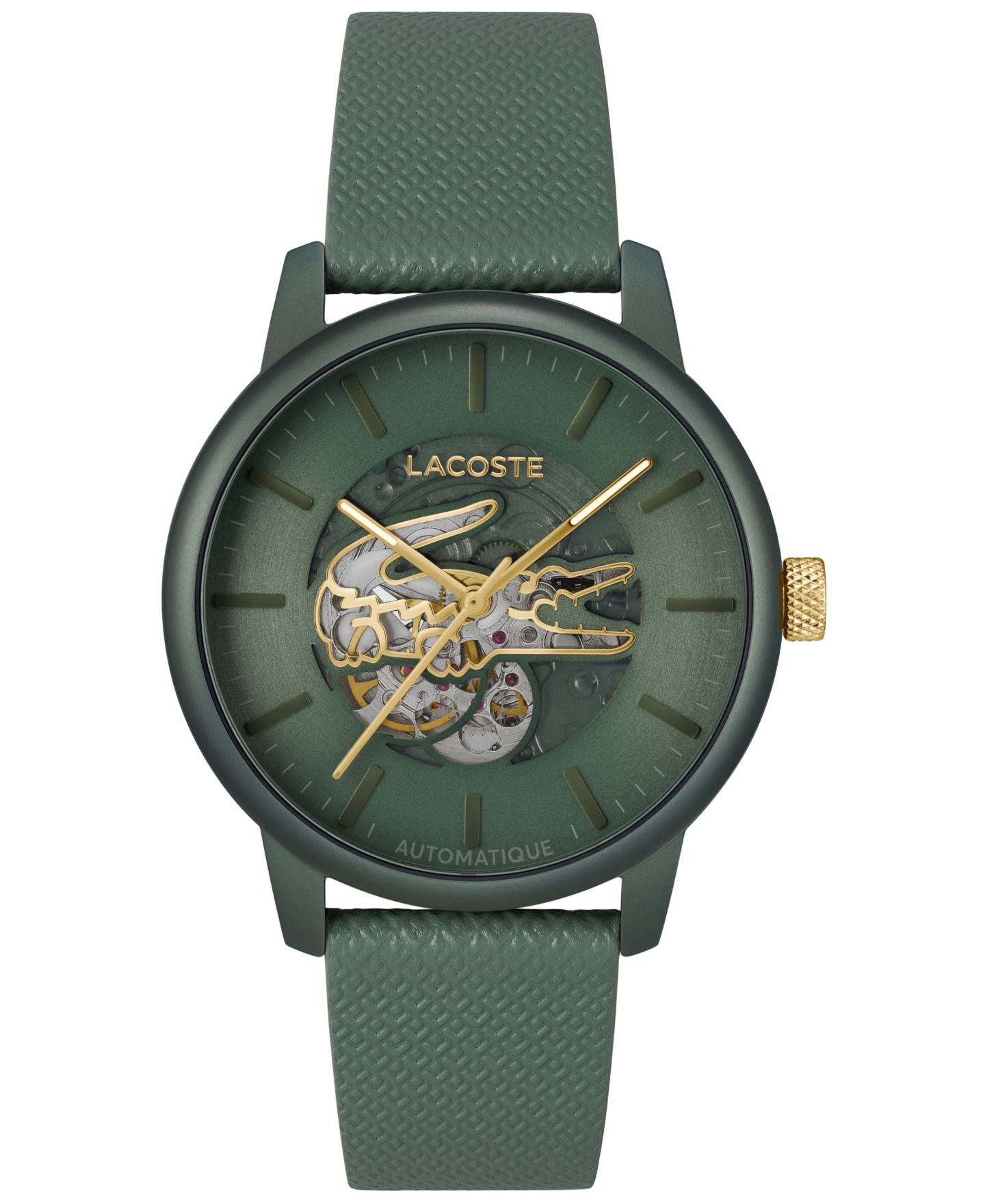 Мужские часы Lacoste L.12.12 Automatique Green Leather Strap Watch 44mm — фото 1