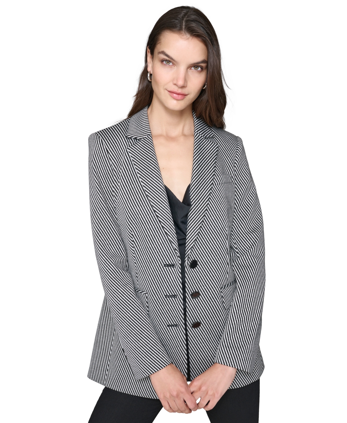 Karl Lagerfeld Paris Women's Striped Notched-Lapel Blazer - Black  Soft White