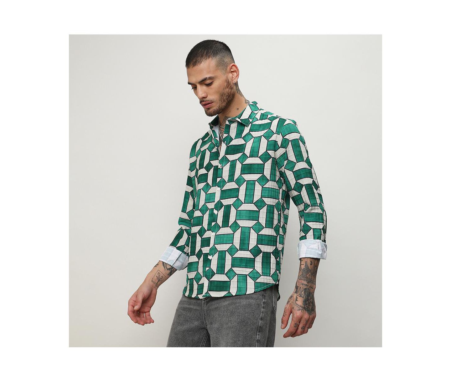 Мужская рубашка Cahoot Emerald Green & Ivory White Contrast Block, цвет: Белый — фото 5