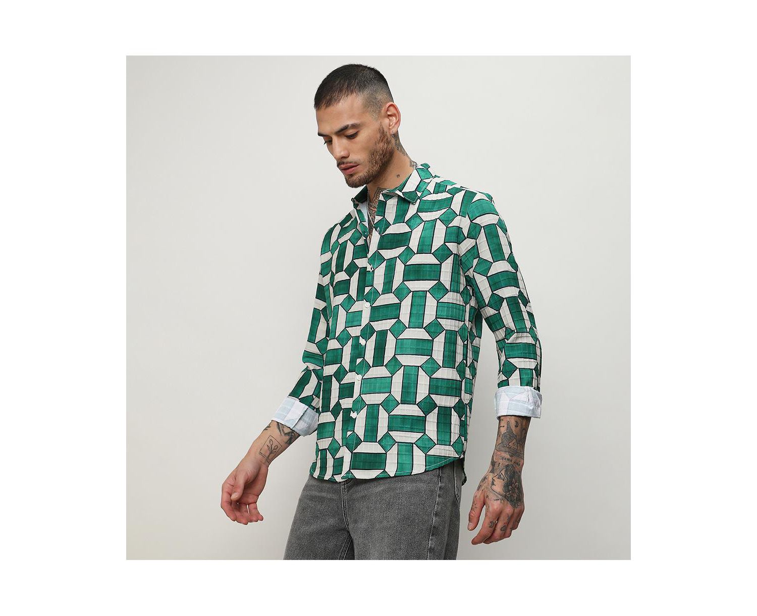Men's Emerald Green & Ivory White Contrast Block Shirt