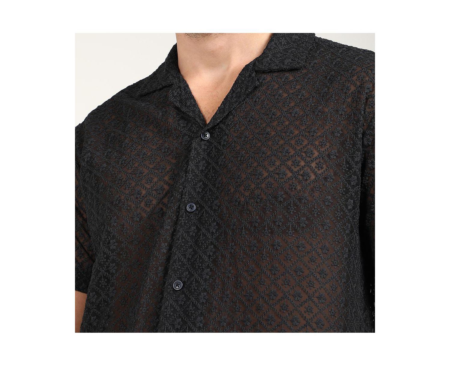 Men's Midnight Black Floral Embroidered Shirt