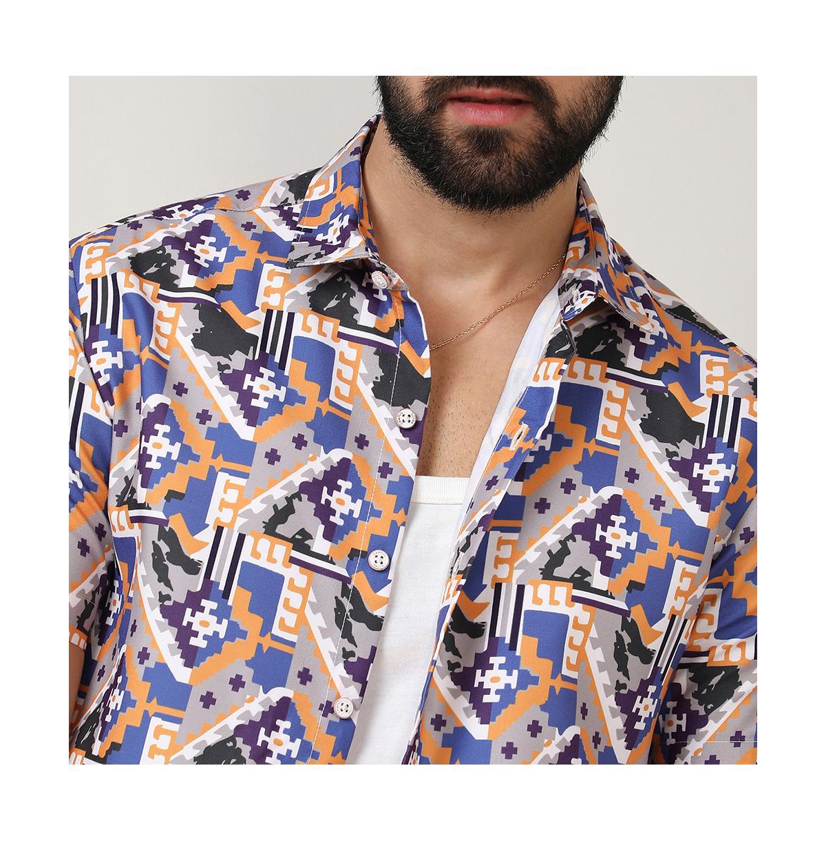 Campus Sutra Men's Sienna Brown & IndigoBohemian Shirt - Blue