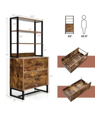 Letter Size Lateral File Cabinet with Lock and Bookshelf-Rustic