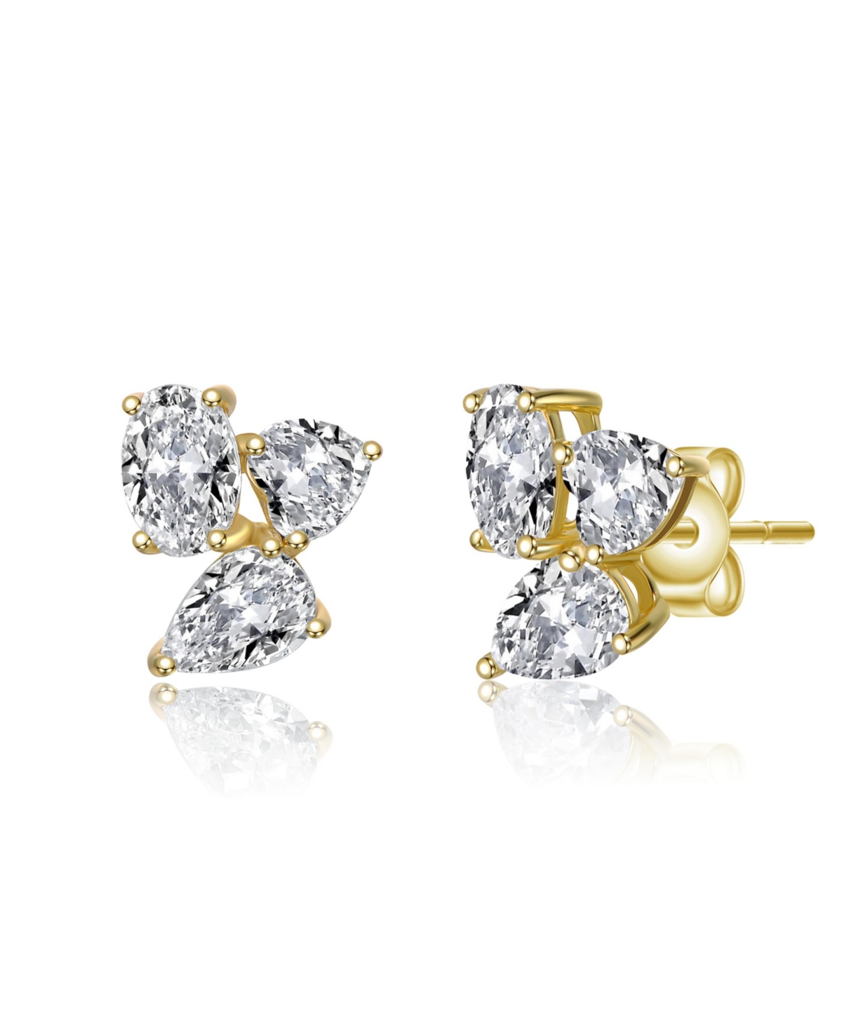 Sterling Silver Cubic Zirconia Triple Cluster Stud Earrings - Gold