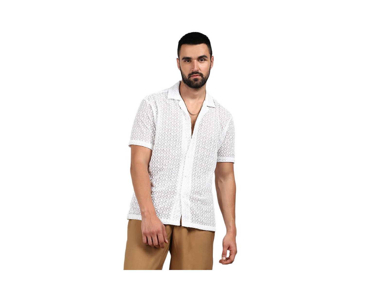 Men's Chalk White Floral Embroidered Shirt