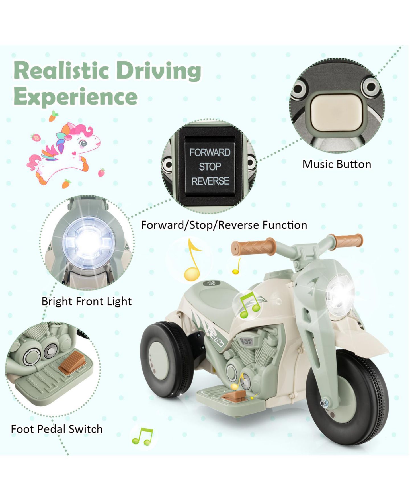 Детская игрушка VEBREDA 6V Kids Electric Motorcycle with Bubble Maker and LED Headlights Ride-On, Ages 3+, цвет: Бежевый — фото 5