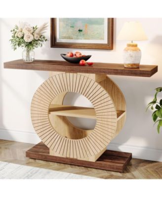 Entryway Table with Storage, Wood Console Table, 39.3-Inch Sofa Table Small Accent Hallway Table with Shelves and Circle Base