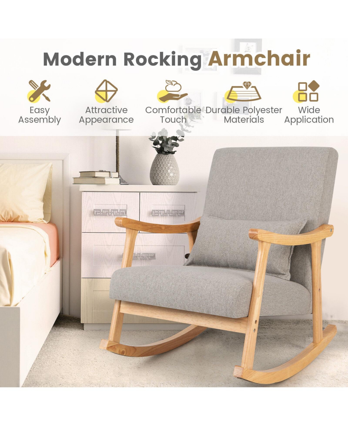 Givimo Upholstered Rocking Chair with Pillow and Rubber Wood Frame