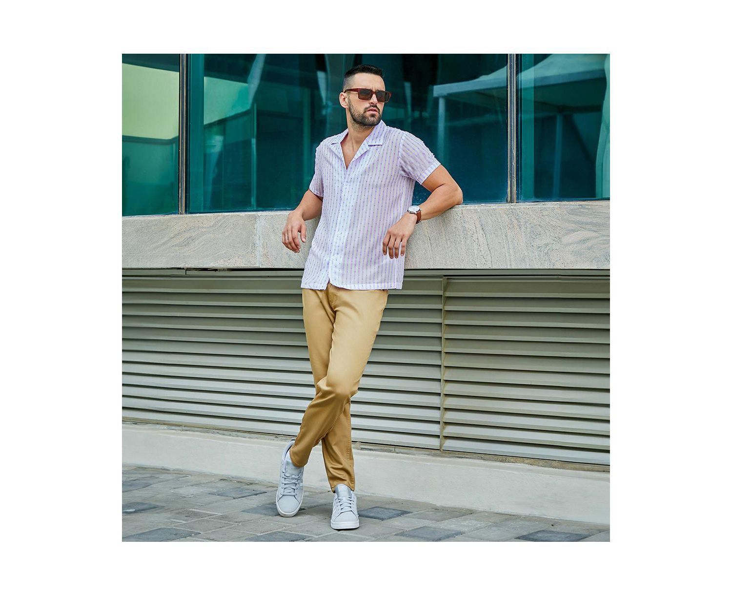 Men's White & Lavender Balanced Striped Shirt