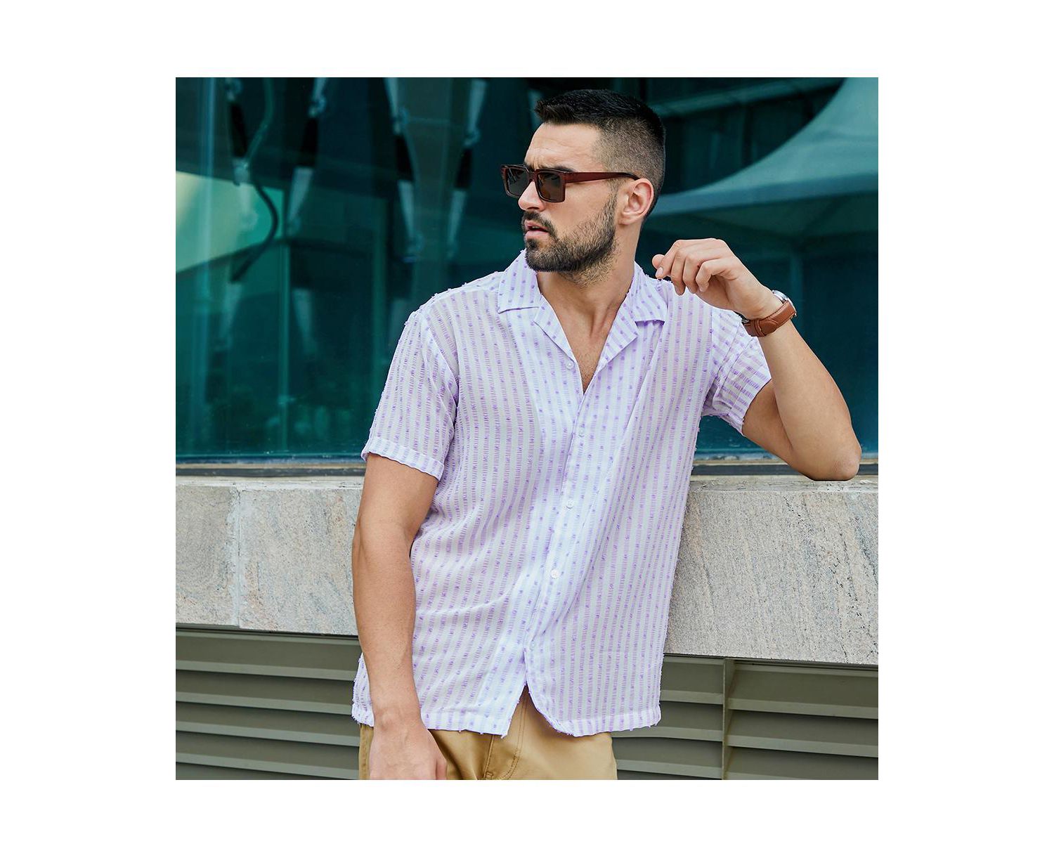 Men's White & Lavender Balanced Striped Shirt