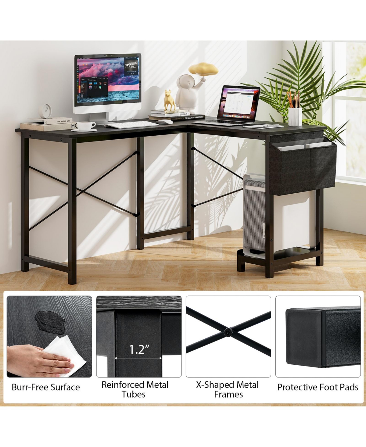 Skonyon Modern Reversible Computer Desk with Storage Pocket and Cpu Stand for Working Writing Gaming