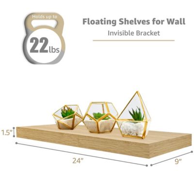 Set of 3 (24"x9") Sorbus Rectangle Floating Shelves with Invisible Brackets - for Bedroom, Kitchen Decor, Bathroom Shelves